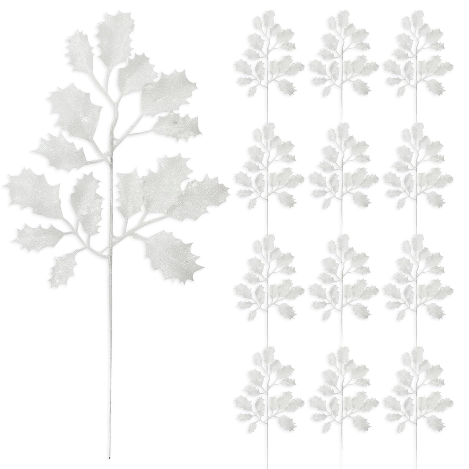 12 Pcs Christmas Glitter Leaves, 33cm Glitter Leaf Artificial Holly Leaves Shiny Artificial Plant Leaves Sparkling Artificial Holly Leaf Picks for Christmas Tree Wreath Garland Home Decoration (White)