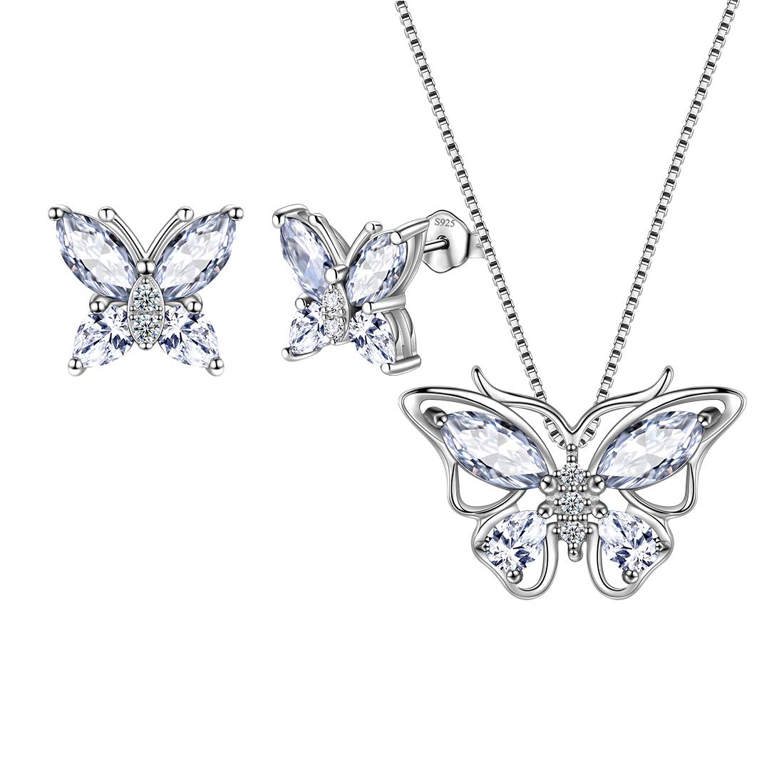 Aurora Tears Butterfly Necklace/Earrings Set 925 Sterling Sliver April Birthstone White CZ Jewelry Set Animals Jewelry Gift for Women and Girls DS0045W