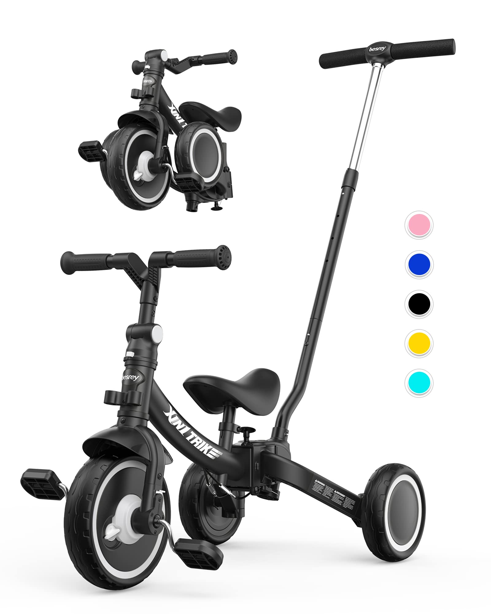 Photo 1 of besrey 7-in-1 Toddler Bike with Parent Steering Push Handle for 1?2?3?4?5 Years Old Girls and Boys, Foldable Kids Push Trike, Toddler Tricycle with Removable Pedals, Height Adjustable Seat (Black)