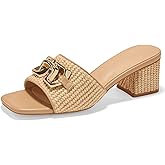 GotSoft Women's Raffia Slide Sandals Square Open Toe Sandal Chunky Heeled Metal Chain Dressy Shoes