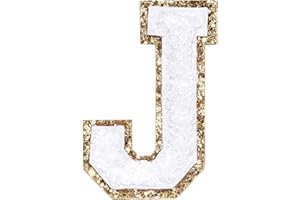 WISH YOUNG 3Pcs Chenille Letter Patches Iron on Patches Glitter Varsity Letter Patches Embroidered Patch Gold Border Sew On Patches for Clothing Hat Shirt Bag (White, J)