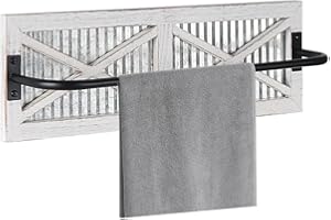 Butizone Bathroom Towel Rack, Rustic Towel Rack Wall Mounted, Small Farmhouse Bath Towel Storage Rack with Weathered Wood and Corrugated Galvanized Metal, for Hanging Towels and Hand Towels, White