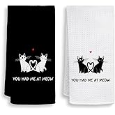 HIWX Black Cat Kitchen Towels Set of 2, Cat Dish Towels for Cat Lovers, You Had Me at Meow Cat Red Heart Decoration Tea Towels Bathroom Hand Towels 16x24, Valentines Day Kitchen Towels for Couple