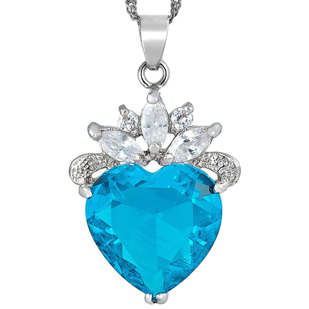 RIZILIA Ocean Heart Pendant with 45cm(18") Chain & Heart Cut Gemstones CZ [Aquamarine] in 18K White Gold Plated, Simple Modern Elegance
