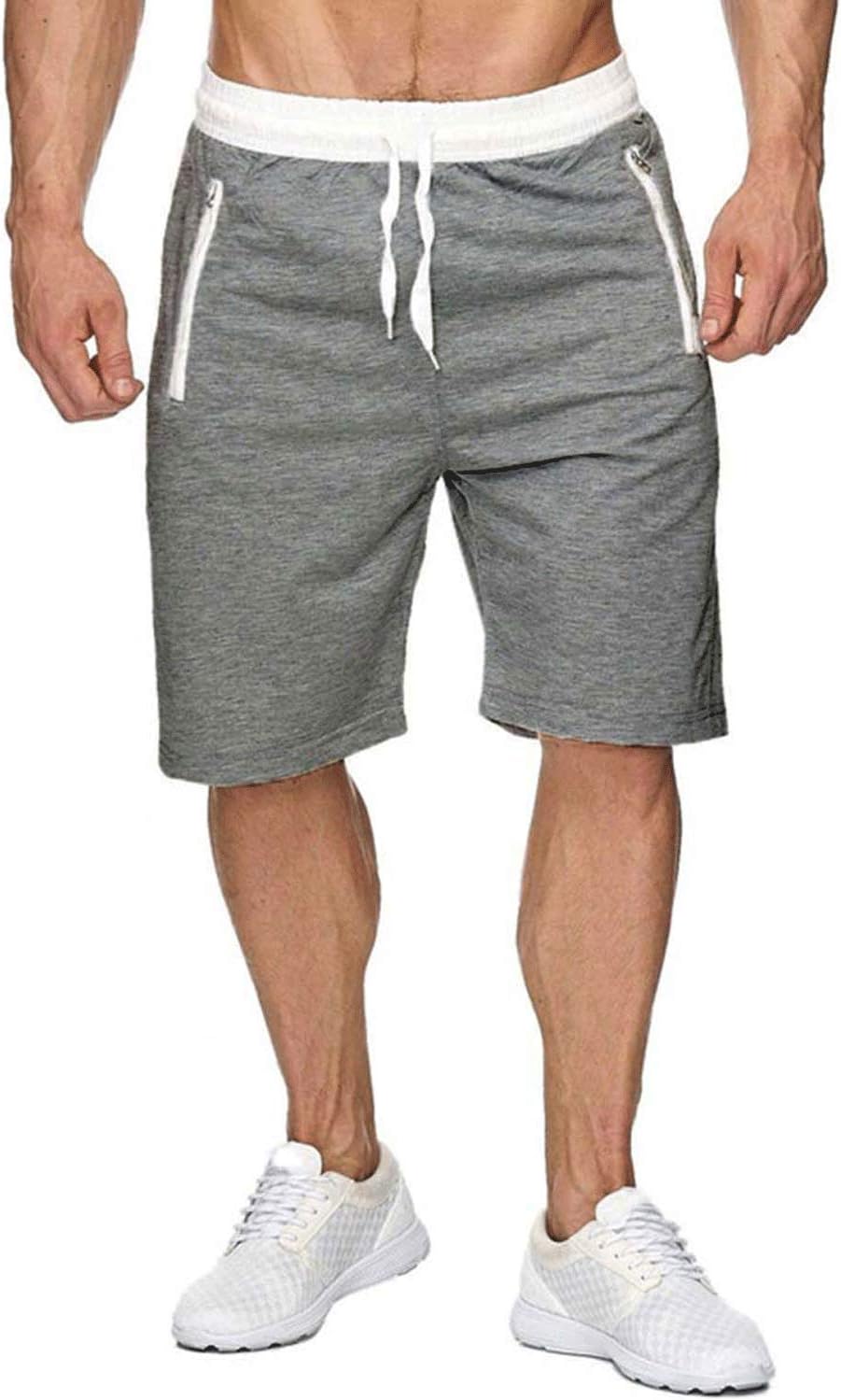 Mens Elastic Waist Drawstring Summer Workout Shorts with Zipper Pockets