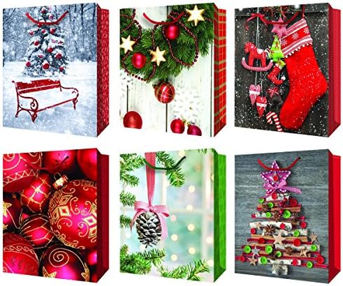 Beautiful Photographed Traditional Holiday Christmas Scenes Gift Bags, Multicolor Assorted Designs, Red, Green, Grey, White, 6 pack, Large, 13" x 17" x 4"