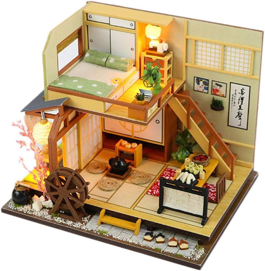 DIY Wooden Dolls House Handcraft Miniature Kit Japanese house Dollhouse Model With LED lights Play set for Kids and Adults Christmas Birthday Gift
