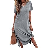 Dyexces Women Summer T Shirt Dress Casual Short Sleeve V Neck Maxi Dresses Loose Side Slit Long Tshirt Dress with Pockets