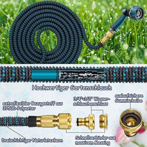 Efymosce Expandable Hose, Flexible Garden Hose with 10 Functions Gun, Retractable Terrace Hose Nozzle with 3/4 Inch 1/2 Inch Connector, Garden Hose Irrigation Connectors Accessories (50FT)