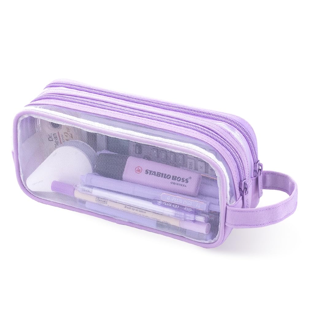 Oyachic 2 Compartment Pencil Case Clear Mesh Pen Pouch Grid Makeup Cosmetics Bag Transparent Marker Organizer Office Business Travel Adults (Purple)