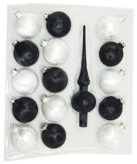 Thüringer Glasdesign Jack Eislack Glas Christbaumkugeln 15x Kugel 6cm + 1x Spitze 25cm Schwarz/Weiß