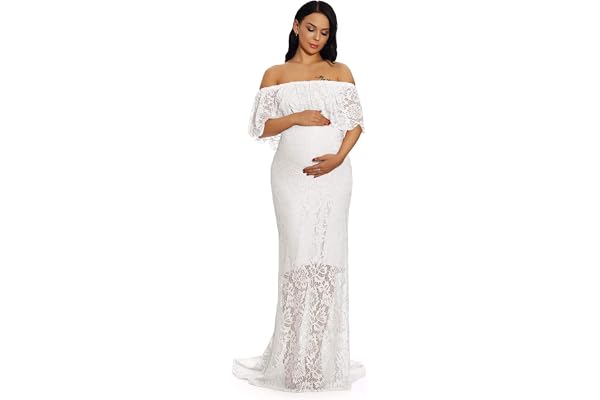 ZIUMUDY Women's Off Shoulder Ruffles Lace Maternity Gown Maxi Photography Baby Shower Dress