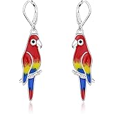 Parrot Dangle Earrings for Women - 925 Sterling Silver Bird Parrot Leverback Dangling Drop Earrings for Christmas Birthday Jewelry Gifts