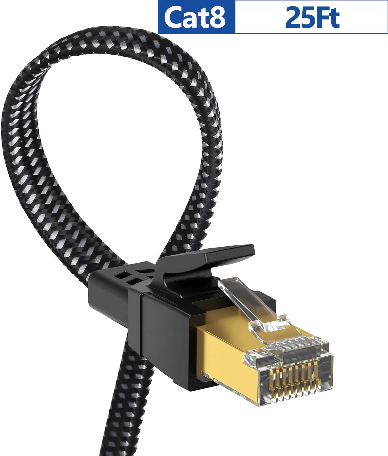 Cat 8 Ethernet Cable 25 ft, 26AWG Nylon Braided High Speed Heavy Duty Cat8 Network LAN Patch Cord, 40Gbps 2000Mhz SFTP RJ45 Flat Cable Shielded in Wall, Indoor&Outdoor for Modem/Router/Gaming/PC: Industrial & Scientific