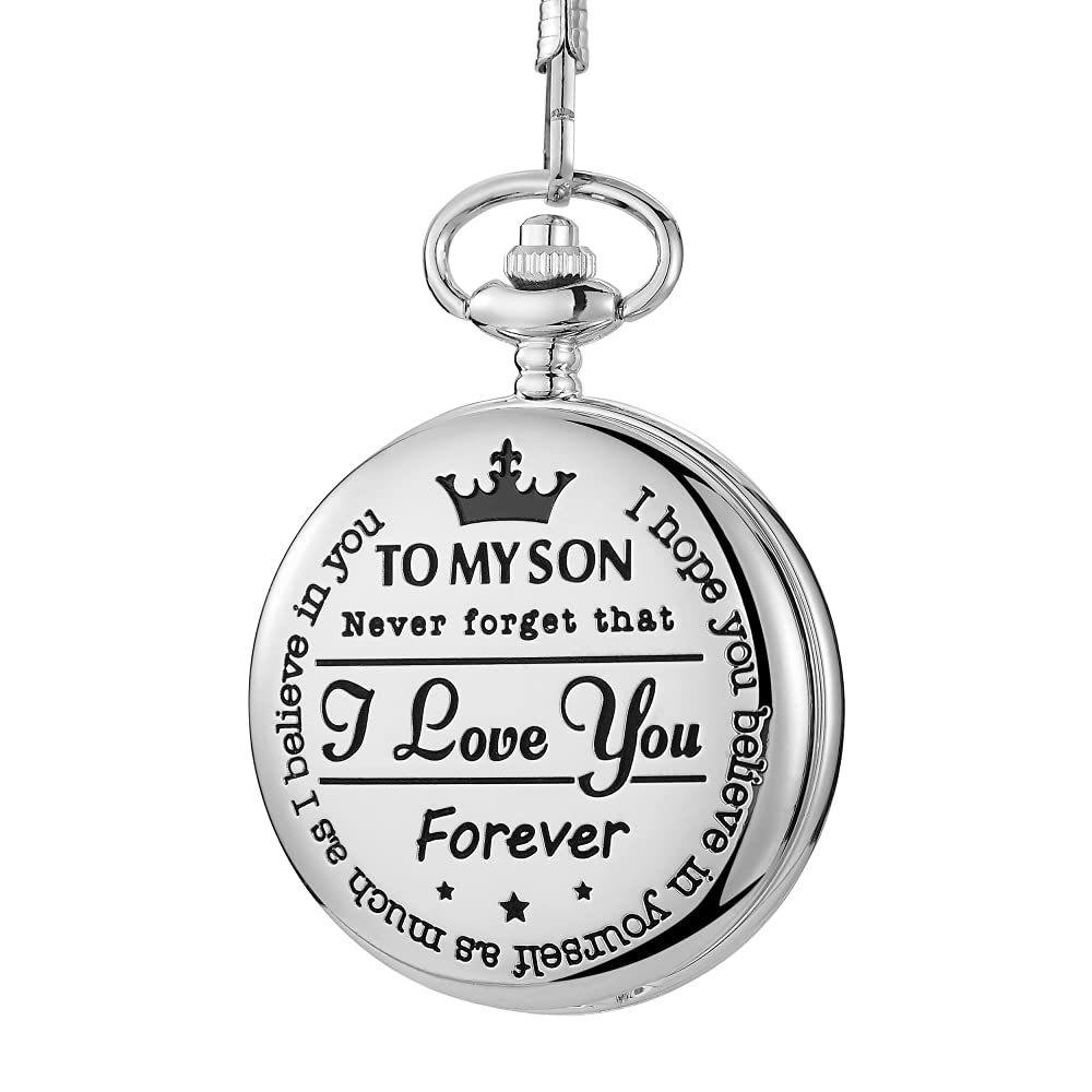 GORBEN Silver Pocket Watches to My Son Gifts for Christmas Birthday Graduation Quartz Fob Watches Chains for Son
