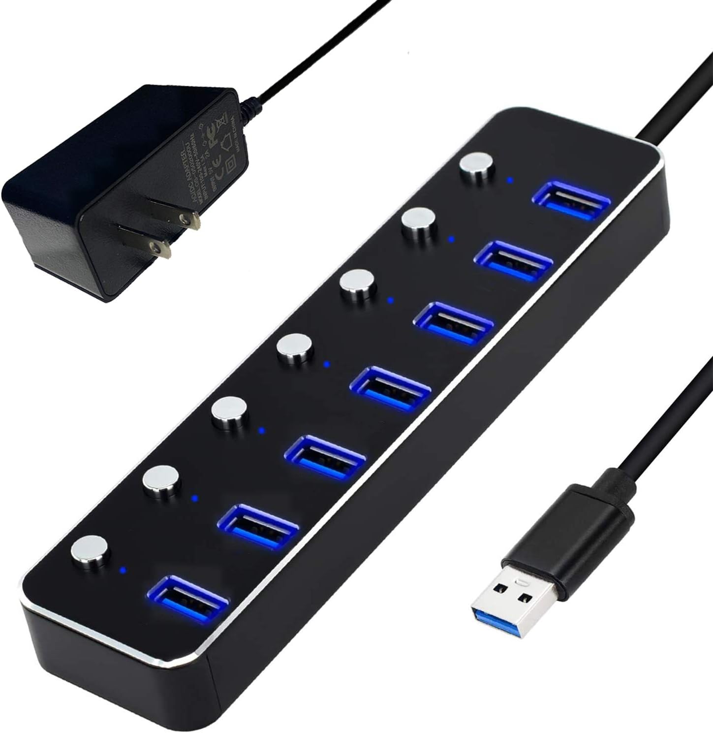 7Port USB 3.0 Hub, Aluminum Data Hub with AC/DC Power