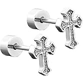 Mikovivi Titanium Steel Cross Flat Screw Back Small Stud Earrings Vintage Simple Cross Cartilage Earrings Christian Stylish Jewelry Faith Gift for Women Men (Silver)