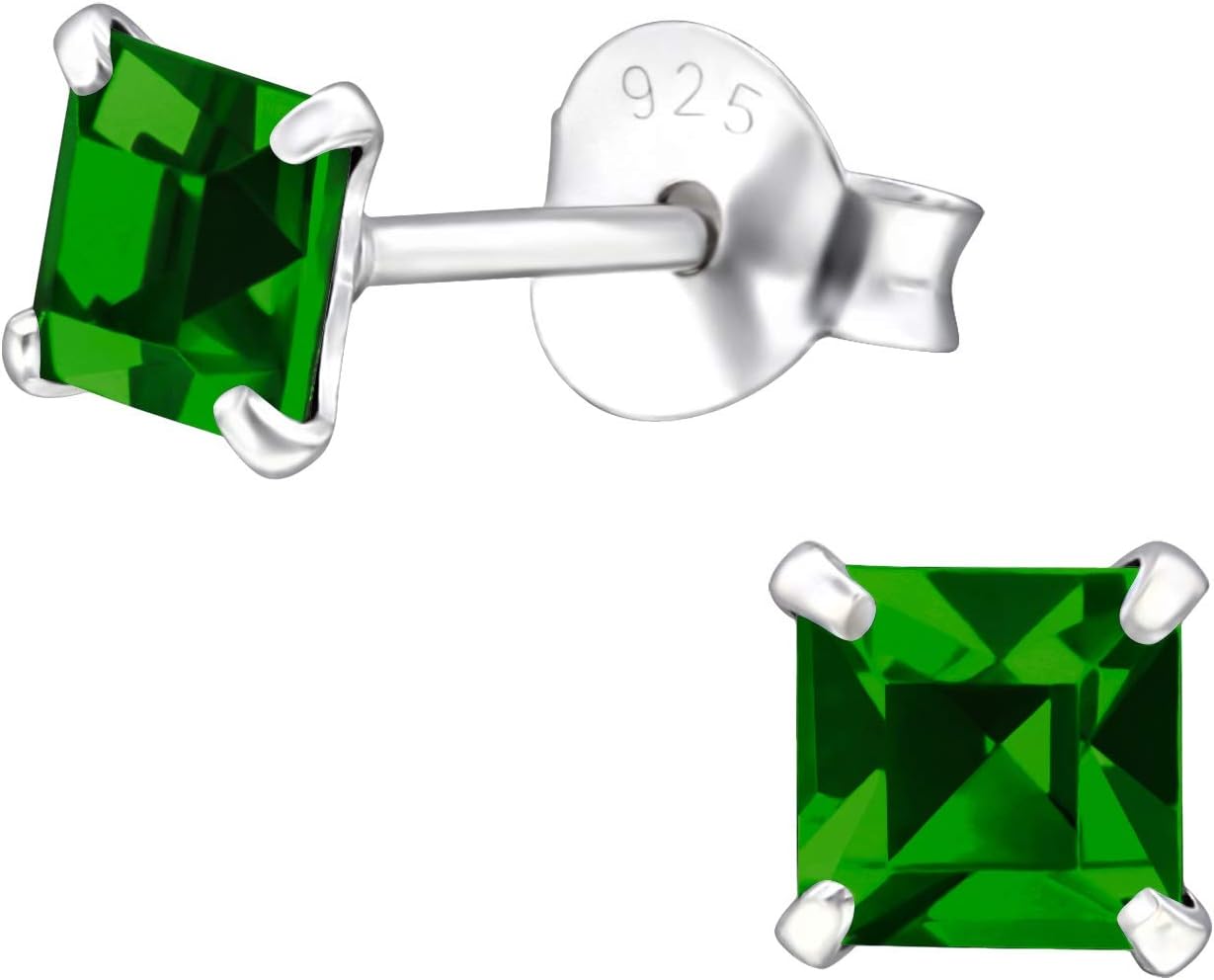 Emerald Butterfly925 Sterling Silver with sparkling Crystals small square stud earrings 4mm in various sparkly colours anti allergy hypoallergenic nickel free jewellery ladies sensitive ears gift box