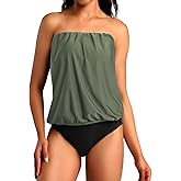 Chenghe Two Piece Bandeau Tankini Swimsuits for Women Loose Blouson Swim Top with Bikini Bottom Tummy Control Bathing Suits