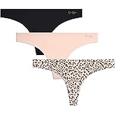 Jessica Simpson Women's Underwear Breathable Thongs, No Show Ladies Panties, Soft Microfiber Stretch Lace, Tanga, 3 Pack