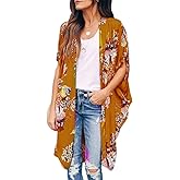Ivay Womens Floral Kimono Duster Cardigans Short Sleeve Draped Oversized Beach Cover Up Cape