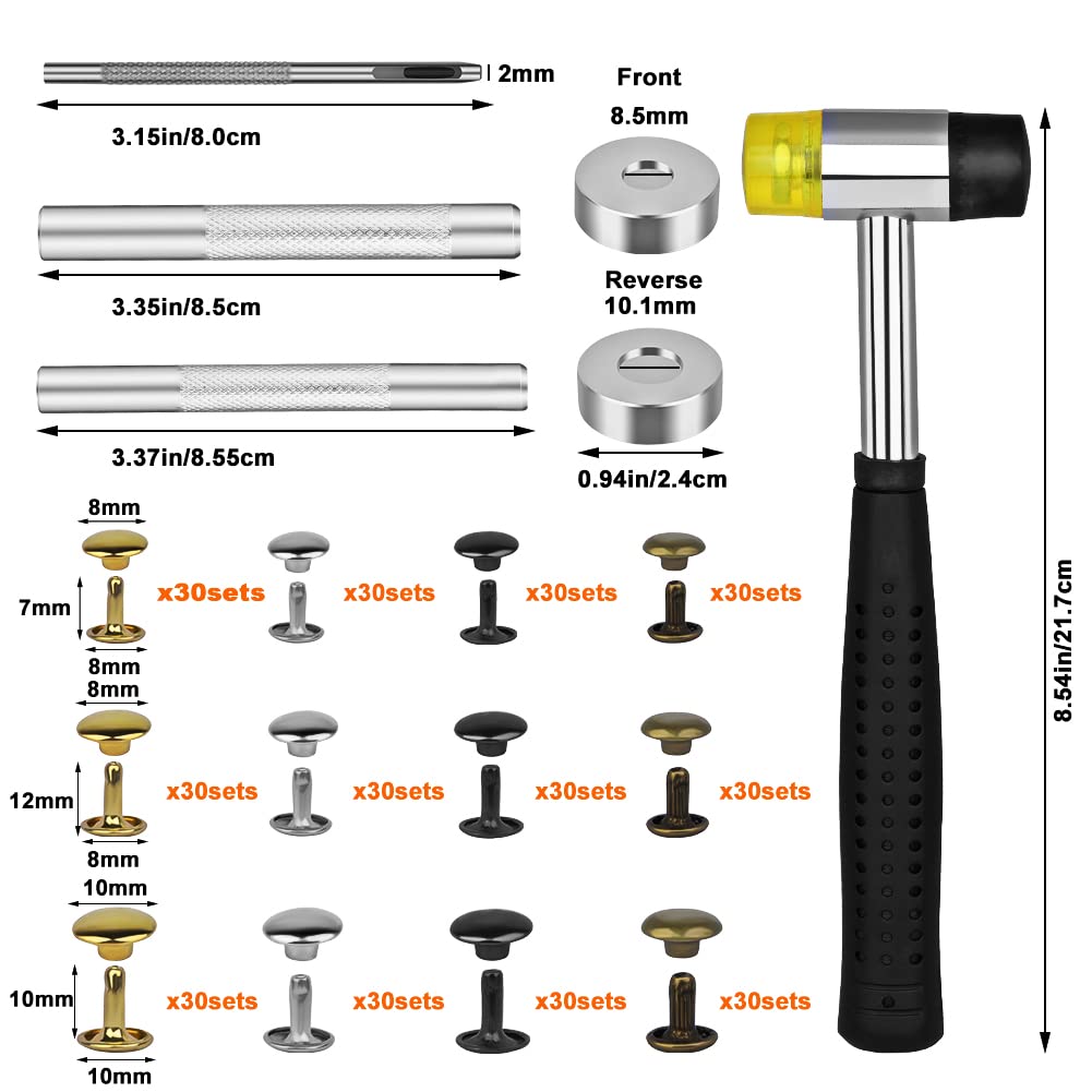 TLKKUE 360 Sets Leather Rivets 4 Colors Double Cap Rivets Tubular 3 Sizes with Rubber Hammer Fixing Tool Kit 4 Pieces for DIY Leather Craft Clothes Shoes Decoration and Repair