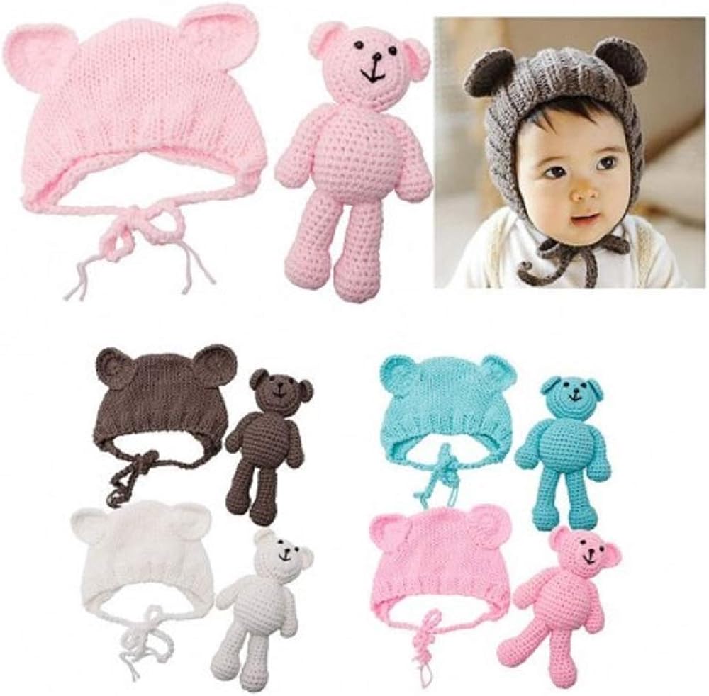 Matissa Newborn Baby Crochet Knit Costume Photography Prop Baby Bear Hat and Doll Set (Rose Pink) - Image 3
