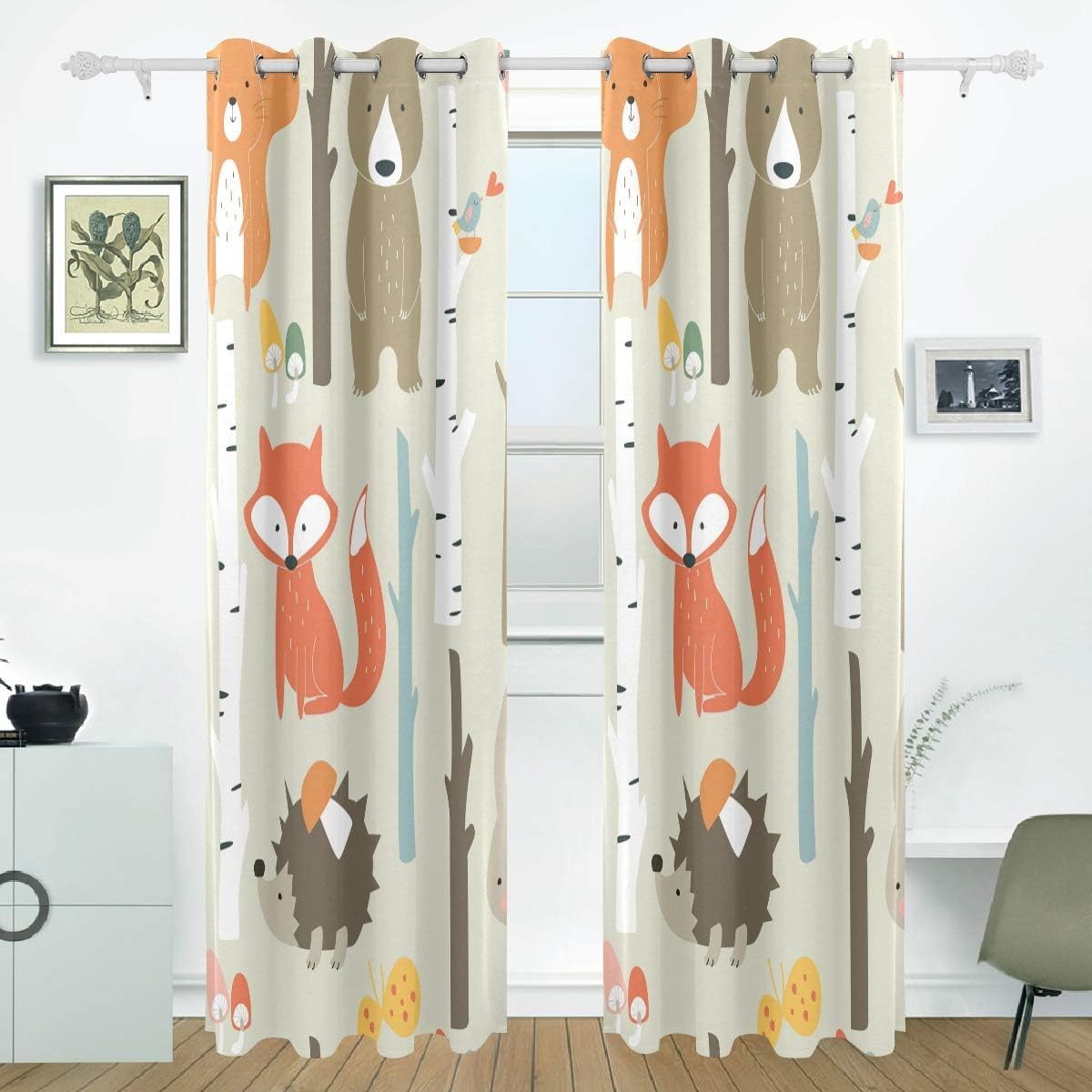 ISAOA Birch Forest Animals Fox Rabbit Window Curtains for for Livingroom Bedroom Kids Room,84x55 Inches,2 Panels Eyelet Blackout Curtains - Image 3