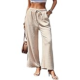 EdgeVibe Womens Wide Leg Elastic Waisted Pants Palazzo Trousers Adjustable Drawstring Casual Long Pleated Pants with Pockets