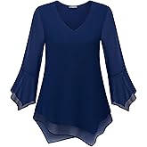 Furnex Blouses for Women Dressy Casual 3/4 Ruffle Sleeve V Neck Chiffon Double Layers Business Casual Tops for Women