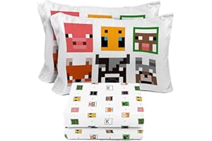 Sunny Side Up Minecraft Creeper & Animals Full Sheet Set - 4 Piece Kids Bedding Set Includes Pillow Cover - Super Soft Microf