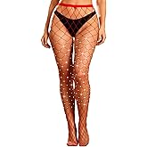 deladola Rhinestone Fishnet Mesh Stockings,Xmas Red High Waist Tights,Sparkling Pantyhose for Women