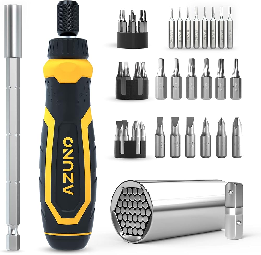 AZUNO 24-in-1 Ratcheting Screwdriver Set Universal Socket 20 CRV Bits Stored