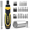 AZUNO 24 IN 1 Ratchet Screwdriver Set with Universal Socket, 20 CRV Bits Stored in Handle, 12+8 Slotted/Philips/Torx/Hex/Square Sand Blasted Bits and Chrome Plated Precision bits.