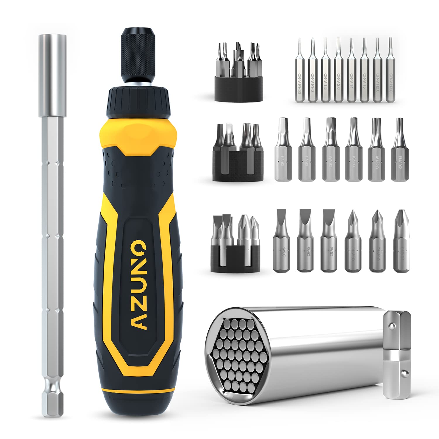 AZUNO 24 in 1 Ratcheting Multi Screwdriver Set with Universal Socket, 20 CRV Bits Stored in Handle, 12+8 Slotted/Torx/Hex/Square Sand Blasted Bits and Chrome Plated Precision bits.