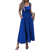 Mieazom Women’s Boho Summer Maxi Dress with Pockets, Adjustable Waist, Sleeveless Casual Ruched Sundress for Beach Vacation
