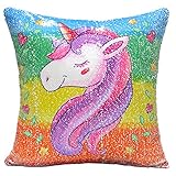 URSKYTOUS Reversible Unicorn Sequin Pillow Case Decorative Mermaid Pillow Cover Color Changing Cushion Throw Pillowcase 16" x 16",Unicorn and Silver