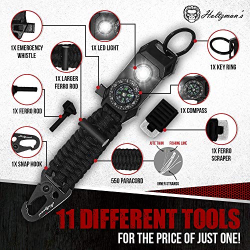 Men's Keychain | 11-in-1 LED Carabiner Lanyard Key Chain Fires Starter for Camping, Fishing, Hunting & Outdoor Emergencies Multipurpose Survival Tool Emergency Whistle, Flint Rod, Cutting Tool