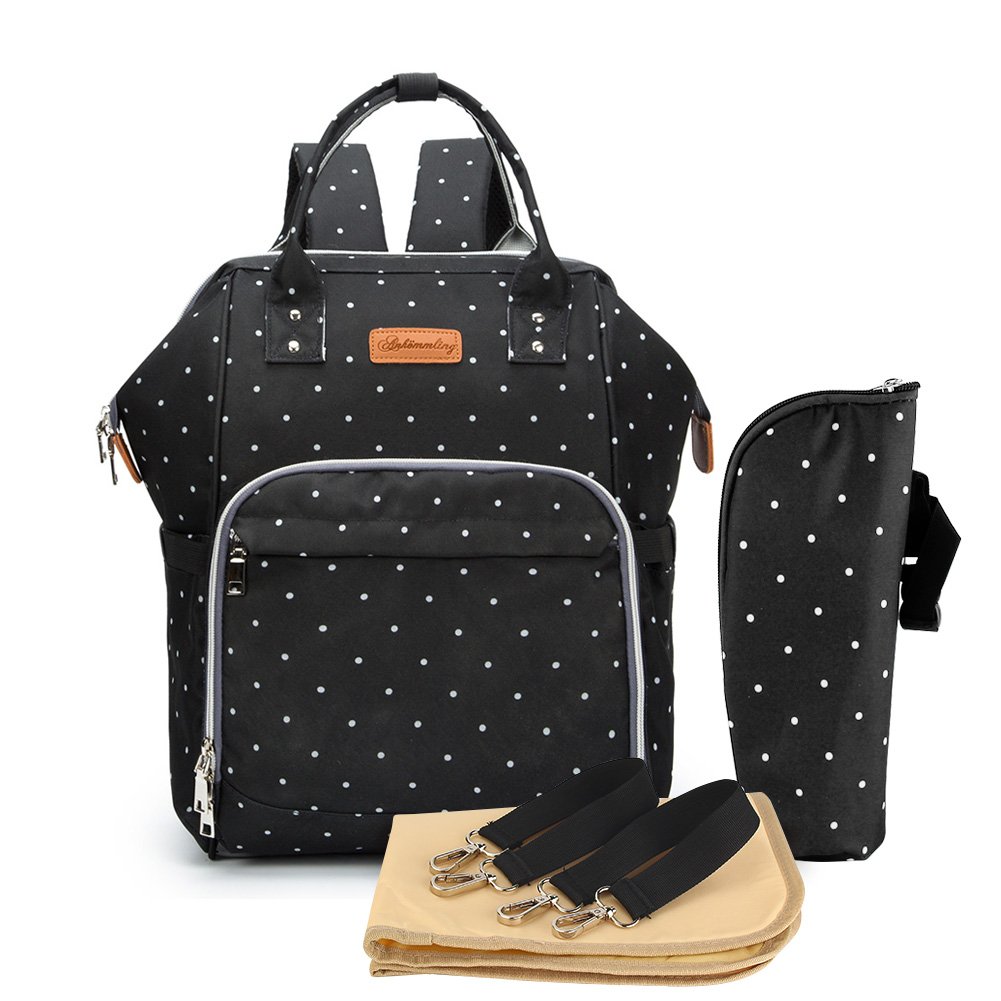 Paramount City Diaper Bag Waterproof Nappy Changing Bag Backpack Large Capacity Travel Backpacks Organizer with 1 Changing Pad,1 Insulated Bottle Bag and Pram Clips(Black Dots)