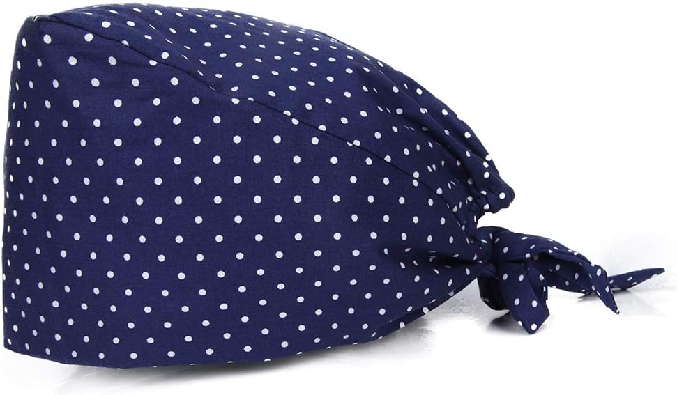 Dark Blue and White dots Lace-up Cap Adjustable Bouffant Scrub Caps Surgical Sweatband Cap Doctor Nurse Surgery Cap Headwear Woman/Man