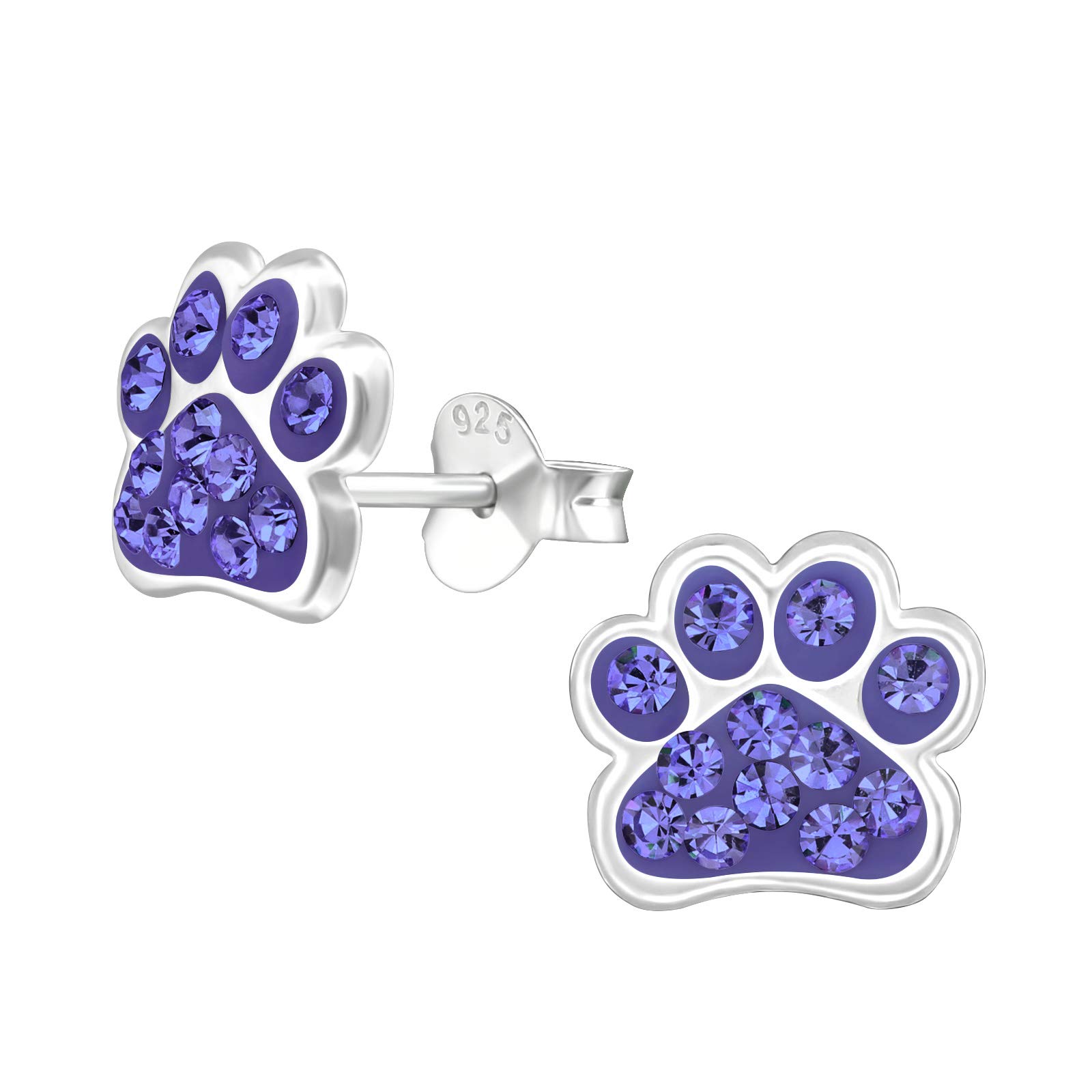 Purple Paw Print Earrings - Sterling Silver with Crystal Stones