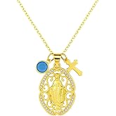 18K Gold Filled Virgin Mary Miraculous Medal Style Necklace – Religious Pendant with Cross and Birthstone Charm – Catholic Jewelry Gift for Women