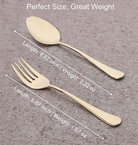 4 Piece Vegetable Spoon and Serving Fork 8.7-inch Serving 2 Set Stainless Steel Large Table Flatware set Dishwasher Safe for Buffet, Banquet, Party (Gold)