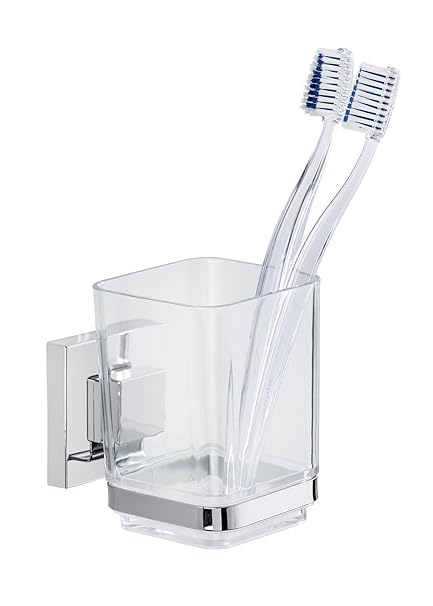 Wenko 22680100 Vacuum-Loc Zahnputzbecher Quadro Zahnbürstenhalter, Befestigen ohne Bohren, Edelstahl rostfrei, glänzend, 10 x