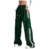 Verdusa Women's Cargo Pants Baggy Straight Wide Leg Track Pants Striped Joggers with Pockets Athletic Streetwear