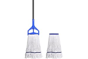 KEFANTA Loop-End String Mop Heavy Duty Commercial Industrial Mops with 2 Extra Mop Heads Replacement, 59 Inch Cotton Wet Mop for Floor Cleaning