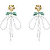 White Pearl Bow Earrings for Women Dangle Pearl Beaded Bowknot Earrings with Gold Rose and Green Bow Knot Elegant Drop Pearl Statement Earrings Bride Wedding Christmas Party Jewelry Gift for Women