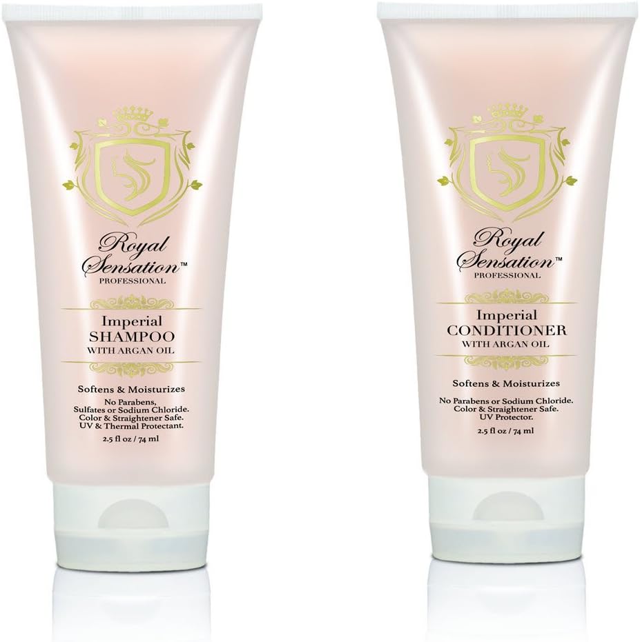 Professional Shampoo and Conditioner Set Argan Oil Infused Smoothing Volumizing & Moisturizing, Gentle on Curly - Color Treated & Hair Extensions, Works Great For Men & Women (2 x 2.5 Oz)