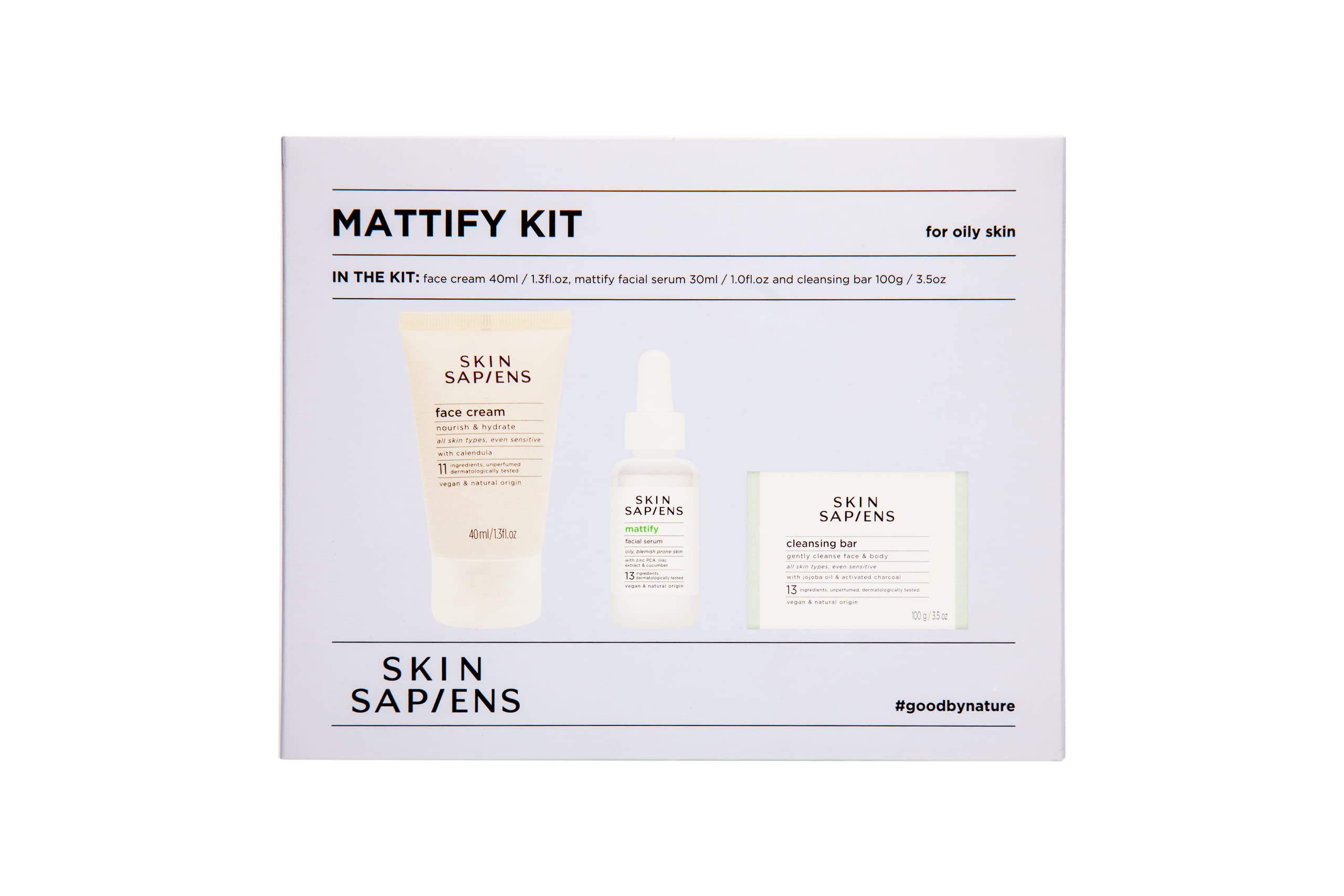SKIN SAPIENS Mattify kit for oily and combination skin, Ecocert Cosmos Natural, Cruelty Free and Vegan Skincare, Soap-Free Cleansing Bar, Nourish & Hydrate Cream, Mattify Facial Serum