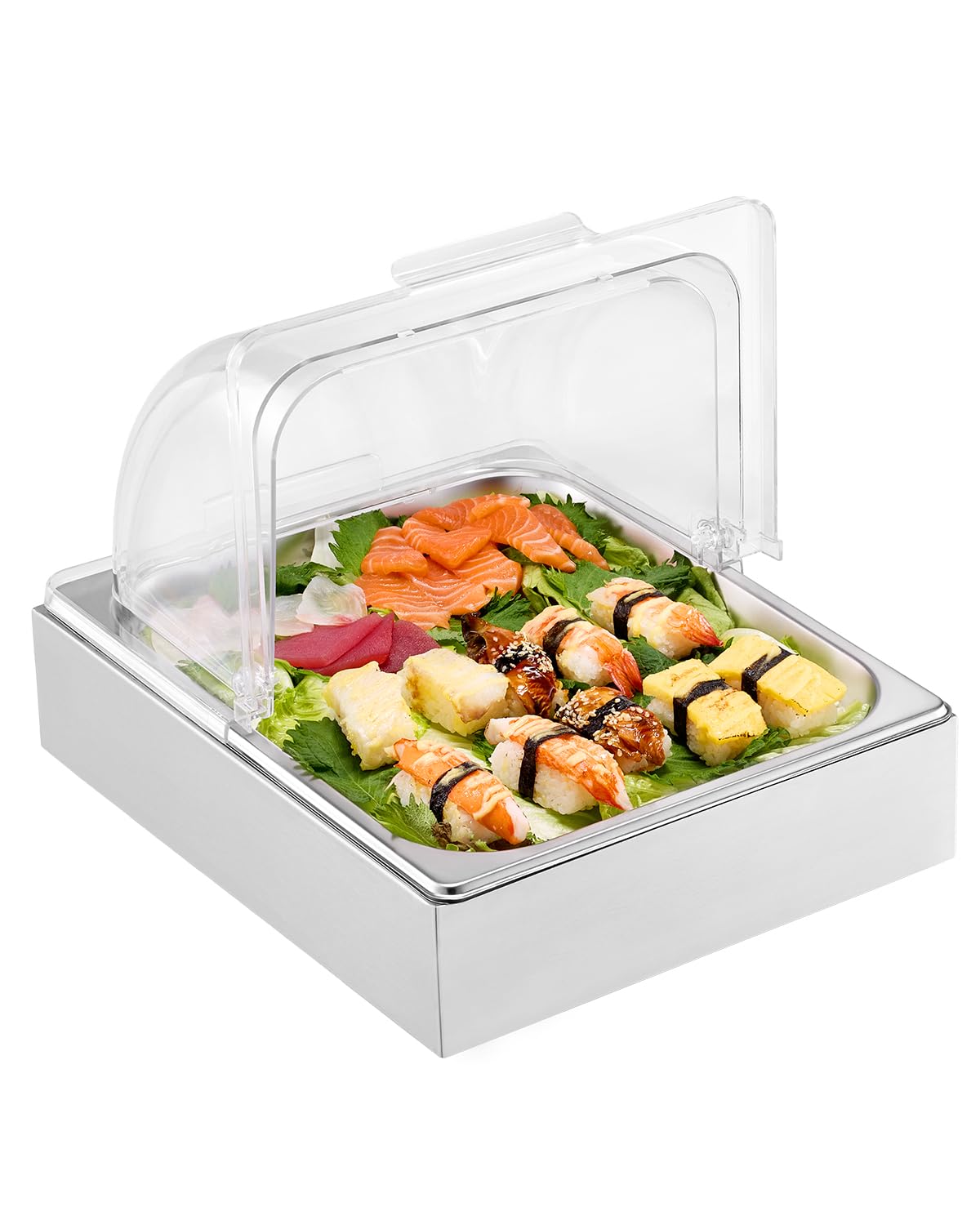 Photo 1 of VEVOR Countertop Food Serving Display Container, 1 x 1/2 Pan Stainless Steel Food Serving Tray, Buffet Condiment Dispenser Display Rack with Clear Lid & Ice Tray, for Restaurant Hotel Kitchen Party